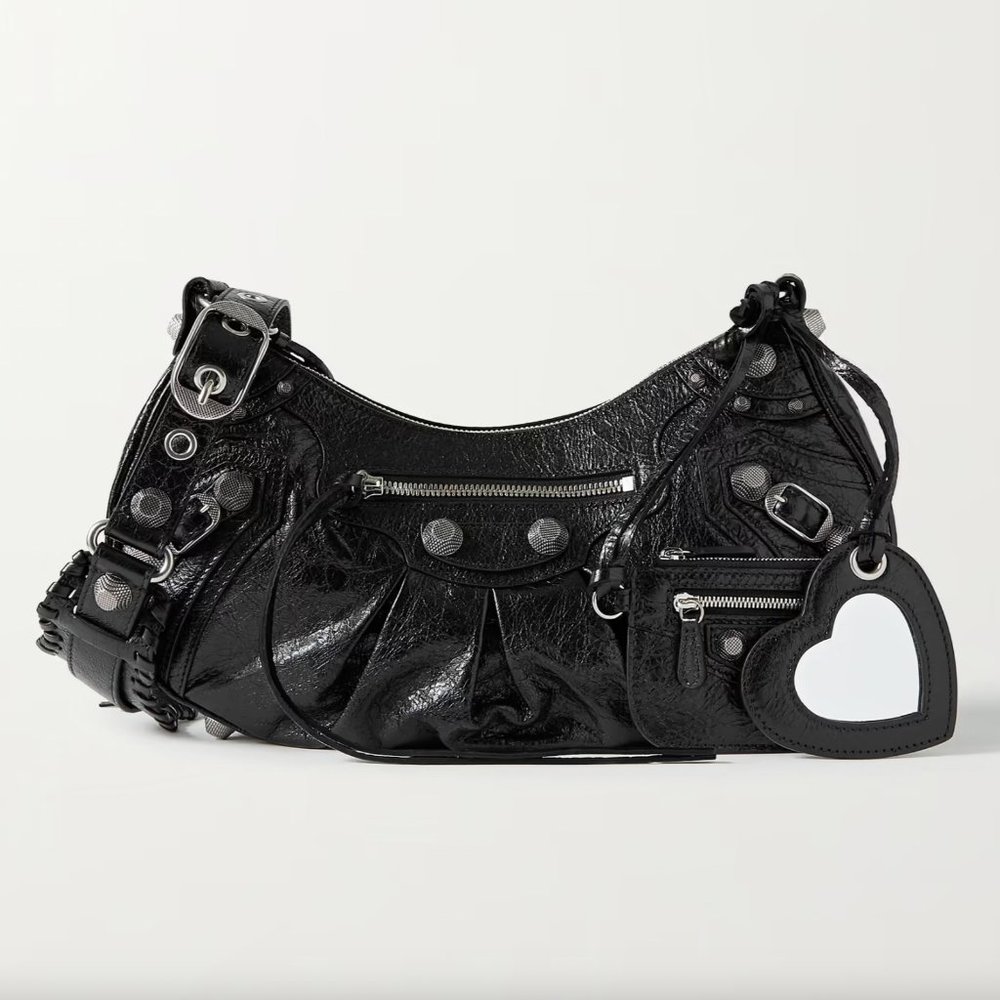 Le Cagole xs small studded crinkled-leather shoulder bag